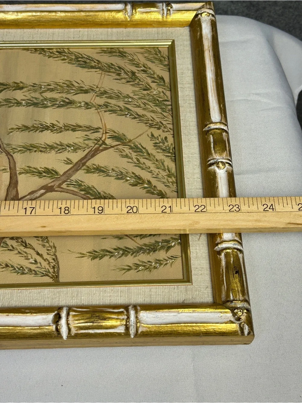 VTG Bamboo-Look Gold Framed Crane & Lotus Chinoiserie Wall Art Asian Inspired